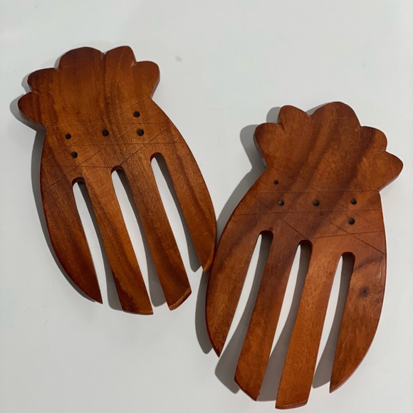 Vintage Monkey Pod Wooden Pineapple Salad Servers - Picture 1 of 3